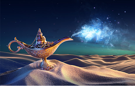 Aladdin's lamp in the desert with genie coming out